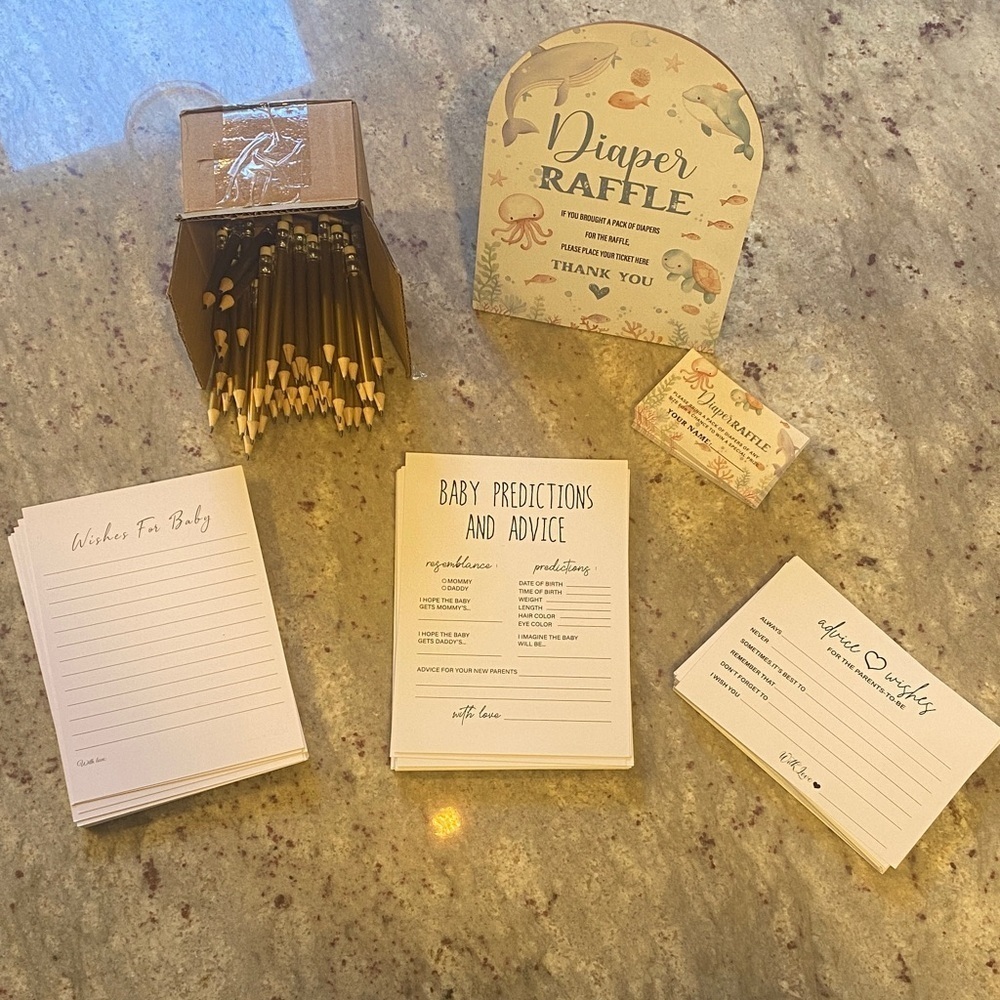 Baby Shower Printed hard copy accessories Bundle including gold pencils